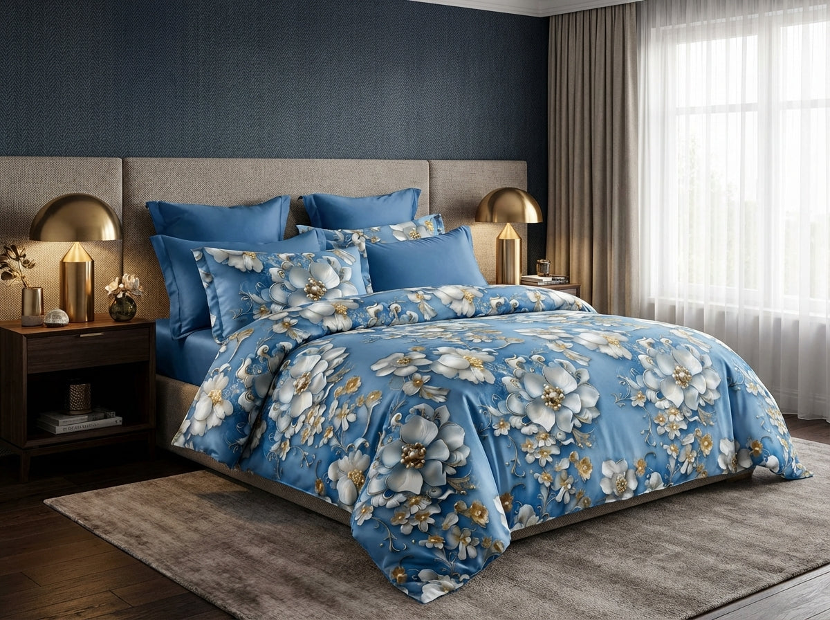 Eternal Blossom 7D print bedsheet set from The Gharnish, featuring floral design on soft bedding fabric.