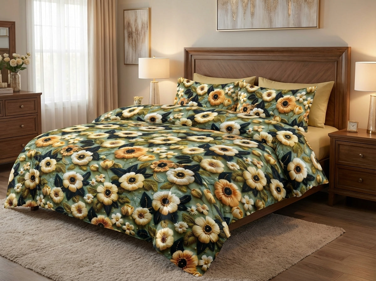 Eternal Blossom 7D Print bedsheet set by The Gharnish featuring vibrant floral design on soft bedding fabric.
