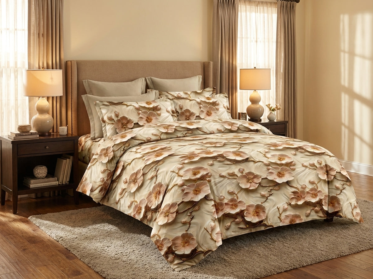 Eternal Blossom 7D print bedsheet set by The Gharnish, featuring vibrant floral patterns on soft bedding fabric.