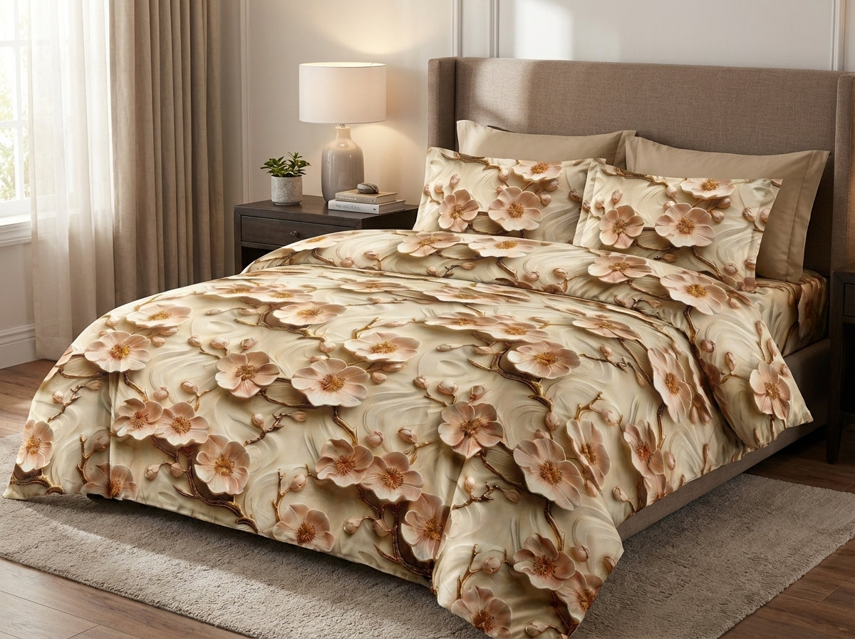 Eternal Blossom 7D print bedding bedsheet set by The Gharnish with floral design, soft fabric, and vibrant colors.
