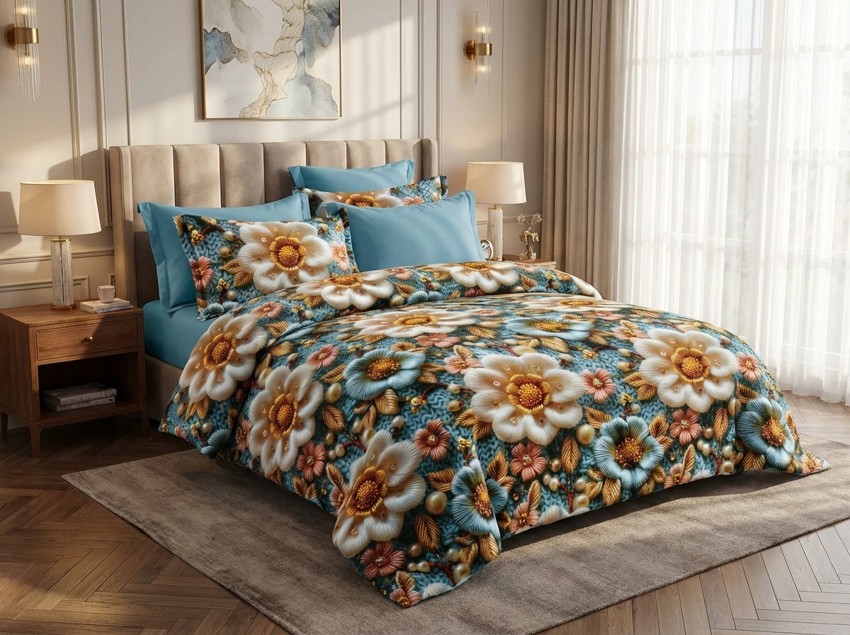 Eternal Blossom 7D Print bedsheet set by The Gharnish featuring vibrant floral design on soft bedding fabric.