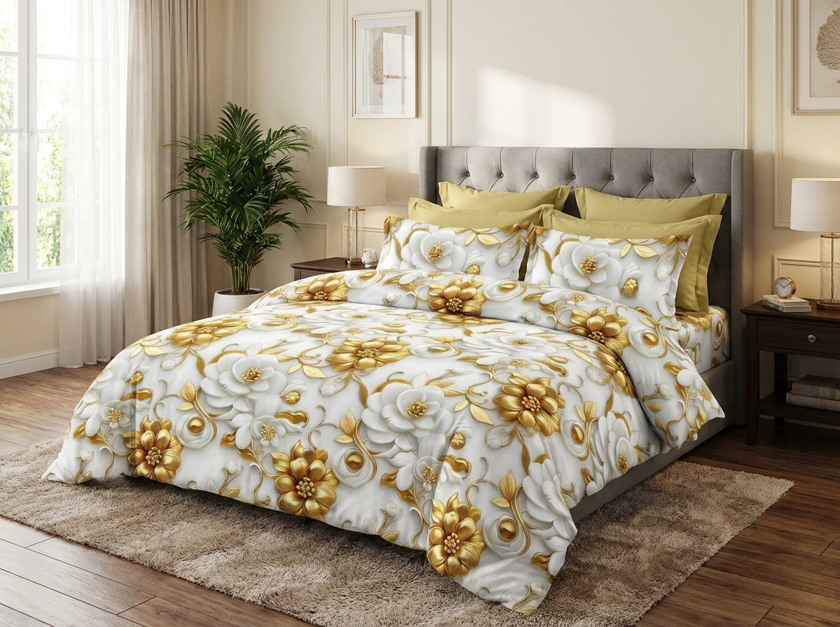 Eternal Blossom 7D Print bedsheet set from The Gharnish, featuring vibrant floral bedding with intricate 7D floral design.