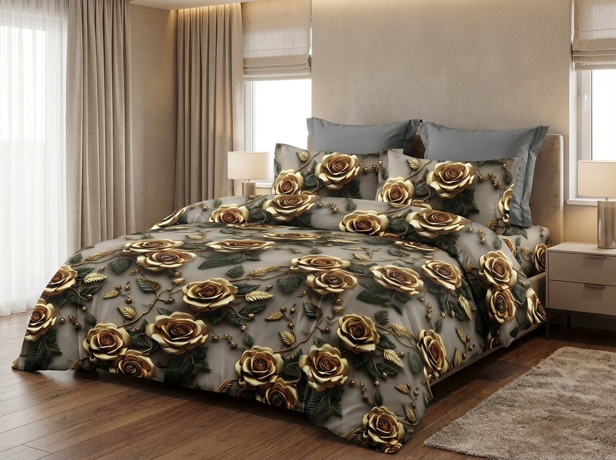 Eternal Blossom 7D print bedsheet set by The Gharnish, featuring intricate floral designs on soft bedding fabric.