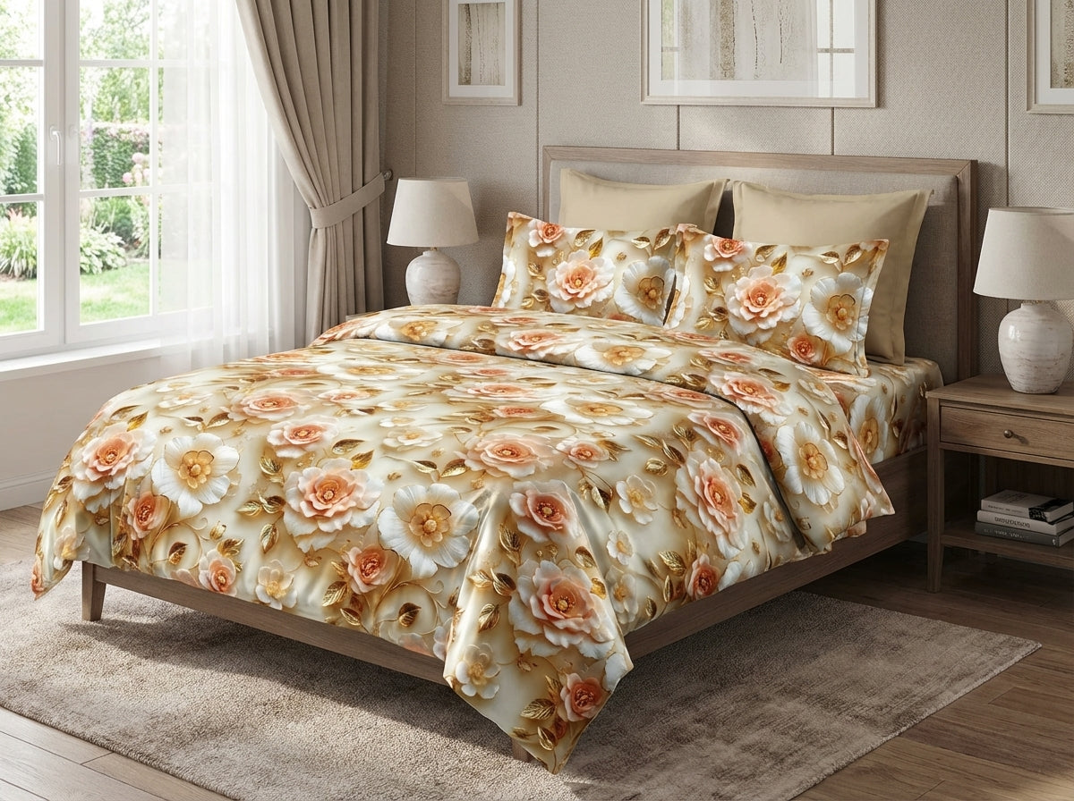 Eternal Blossom 7D print bedsheet set from The Gharnish featuring floral pattern bedding on a neatly made bed.