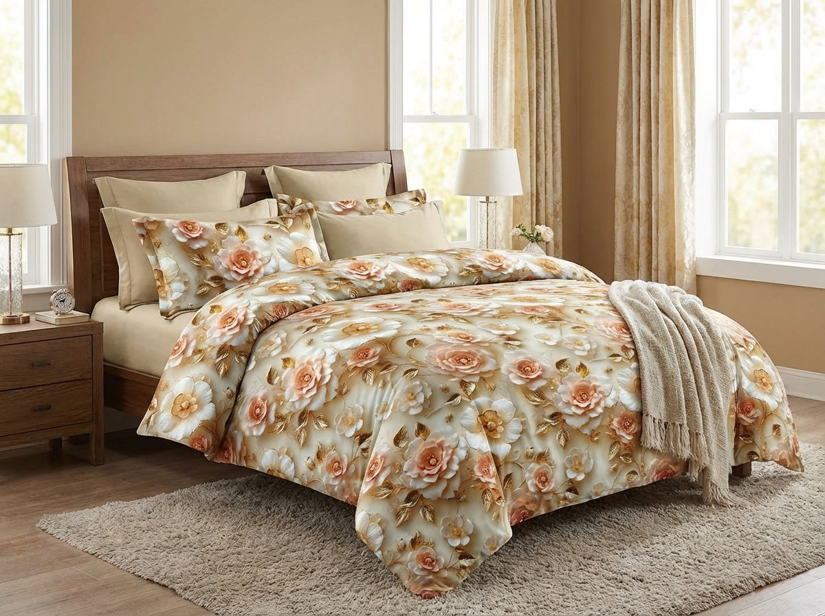 Eternal Blossom 7D print bedsheet set by The Gharnish, featuring floral design on soft bedding fabric.