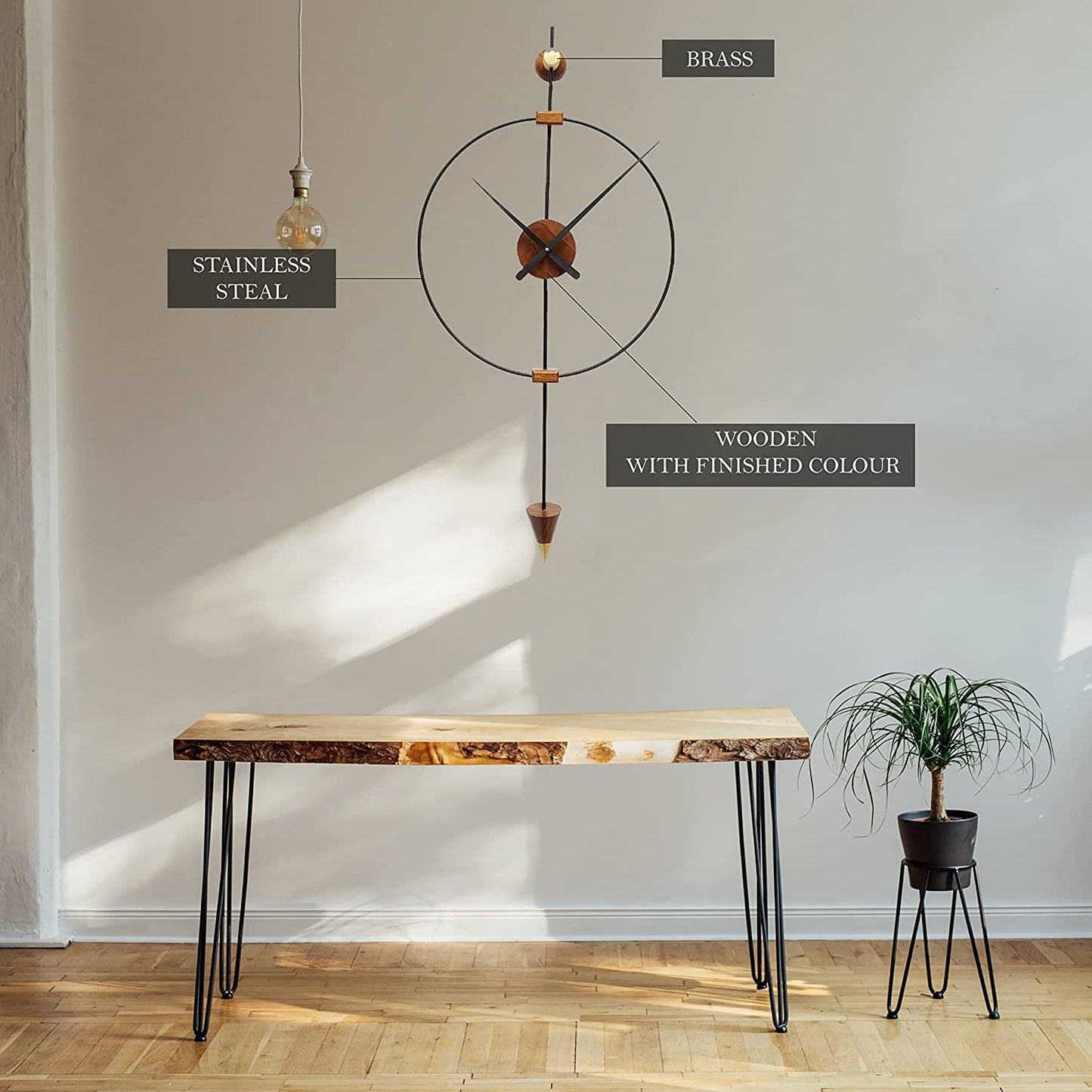 Modern large wooden wall clock by The Gharnish, decorative metal accents, suitable for living room wall decor.