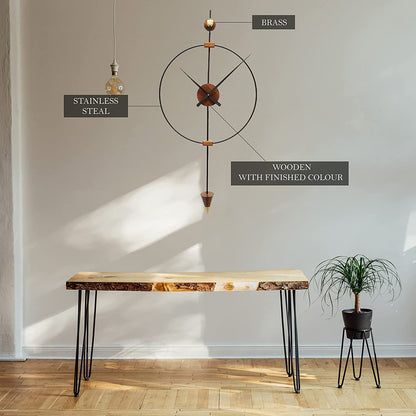 Modern large wooden wall clock by The Gharnish, decorative metal accents, suitable for living room wall decor.