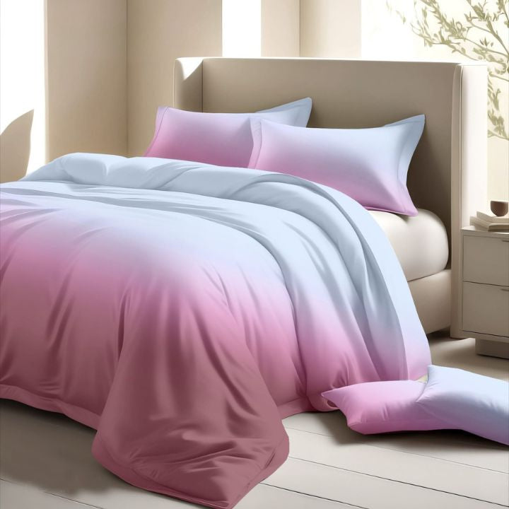 Colorful cotton bedding set from The Gharnish Ombrey series featuring vibrant patterns and a 300 thread count for comfortable sleep.