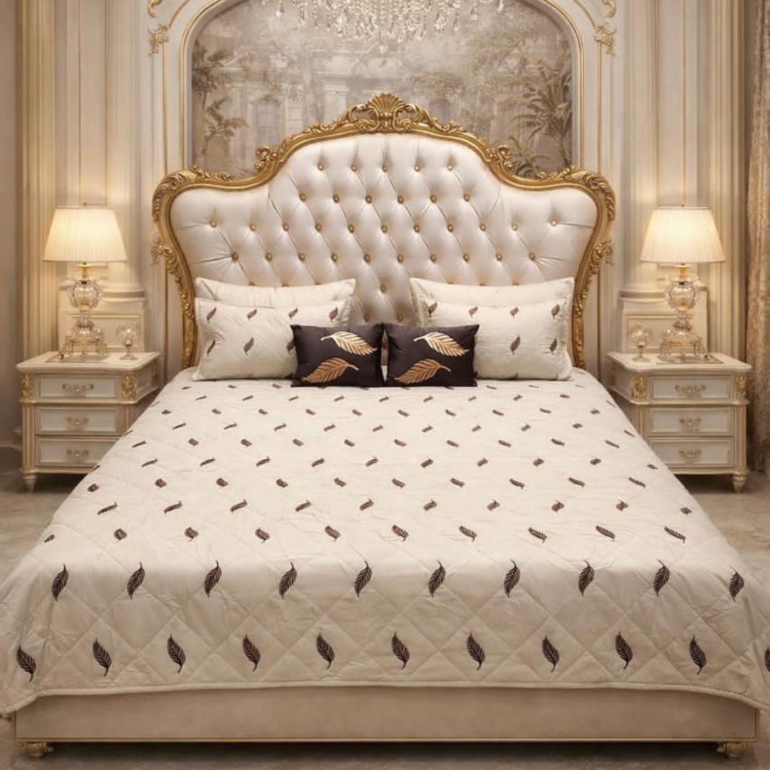 King size Irish designer quilted bedcover by The Gharnish, showcasing intricate quilting and luxurious bedding design.