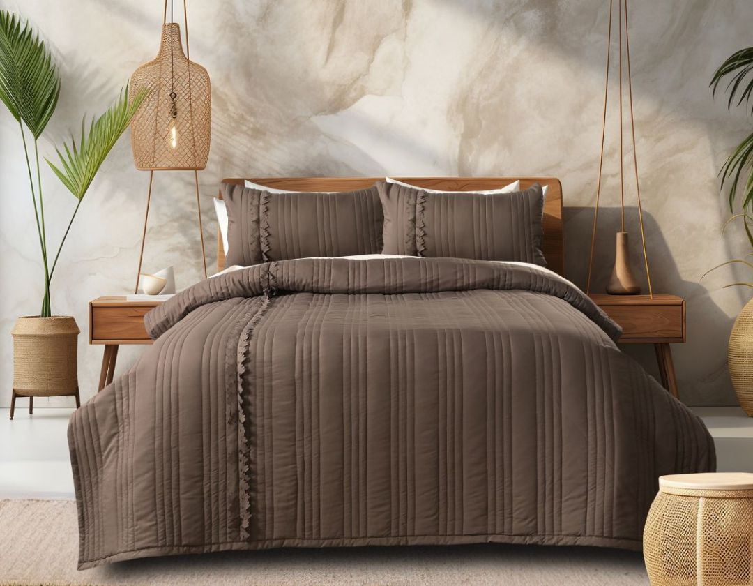 Designer quilted bedding bedcover with cut work frill in king size, by The Gharnish, showcasing intricate stitching and elegant design.