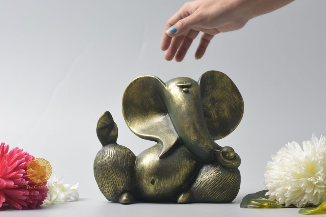 Rustic Ganesha Statue-Green (8x8 Inches)