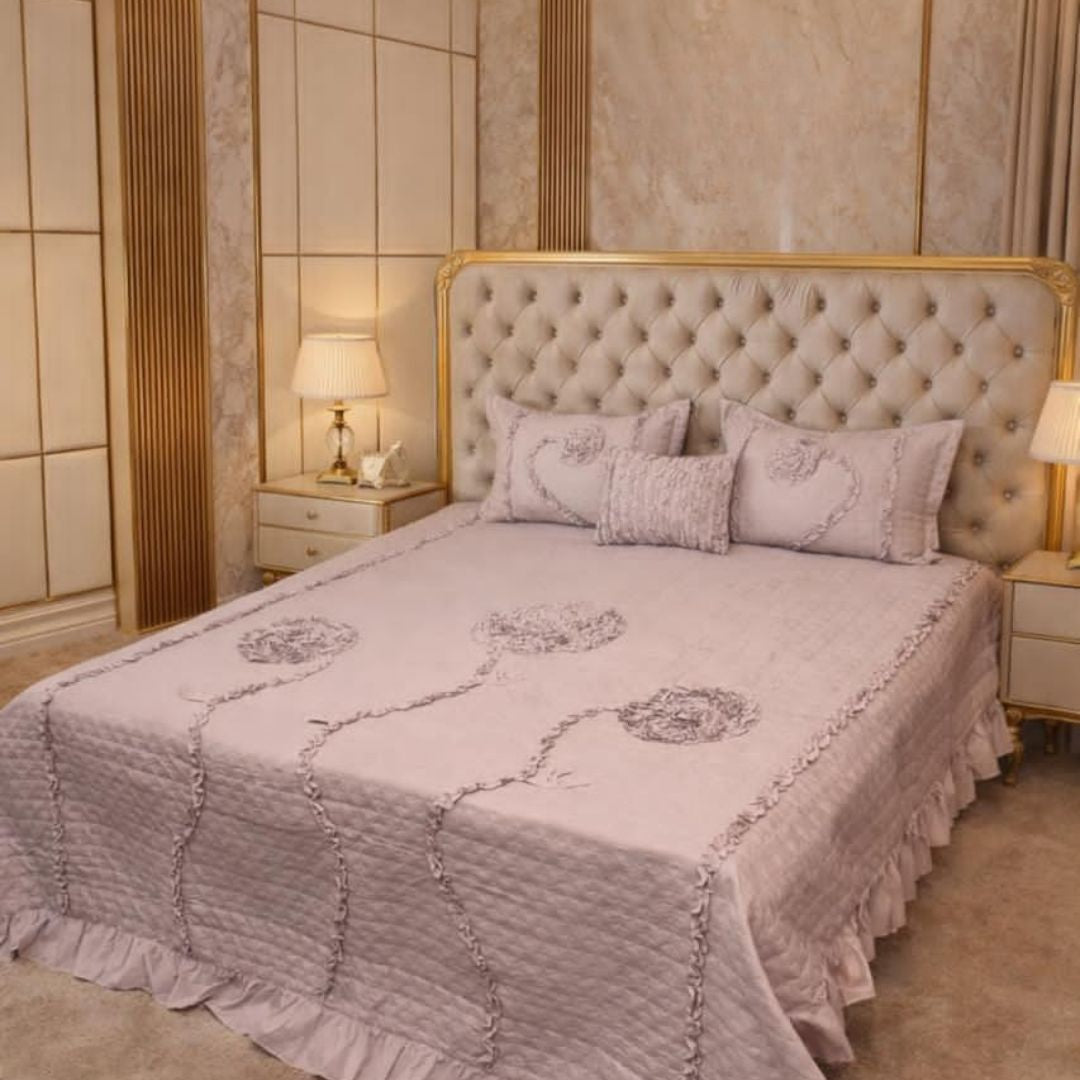 Ivory leaf handwork super designer king size quilted bedcover by The Gharnish, featuring intricate leaf embroidery and plush bedding design.