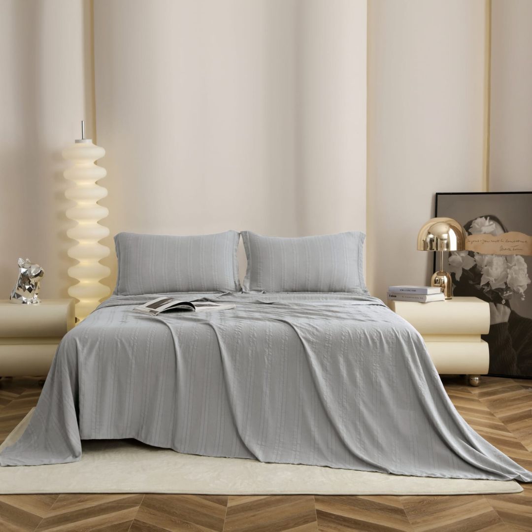 Soft English Colors Premium Bedsheet 3-piece set by The Gharnish, featuring comfortable bedding in elegant, gentle hues.