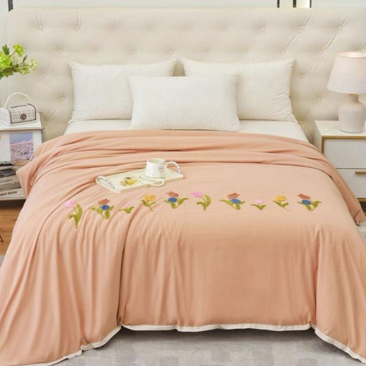 The Gharnish Florista Double Bed Embroidery Comforter with floral embroidery on soft fabric for a cozy, decorative bed cover.