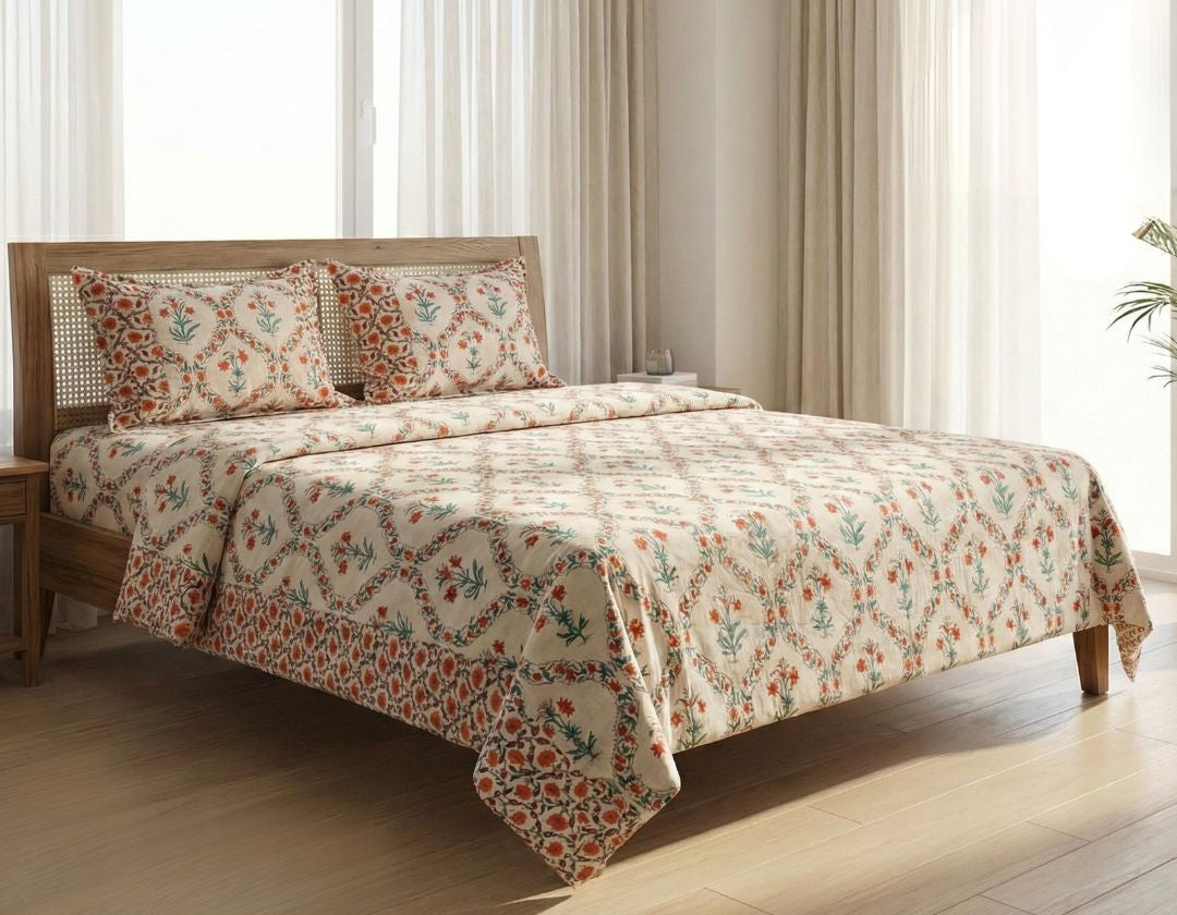 Pure cotton super king size bedsheet set from The Gharnish, featuring a soft, breathable bedding with matching pillowcases.