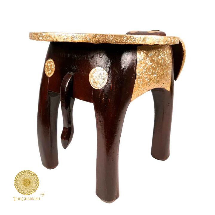 Rajasthani Wooden Elephant Stool With Brass Plating - The Gharnish - A Unit of Satkala Creations