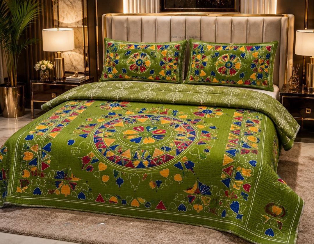 Ethnic 100% pure cotton reversible king-size bedcover by The Gharnish, featuring vibrant traditional patterns and soft fabric.