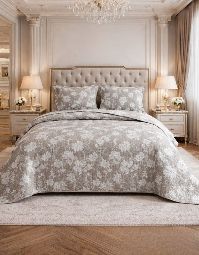 Reversible king-size quilted bedcover with jacquard pattern from The Gharnish, showcasing intricate quilting and elegant design.