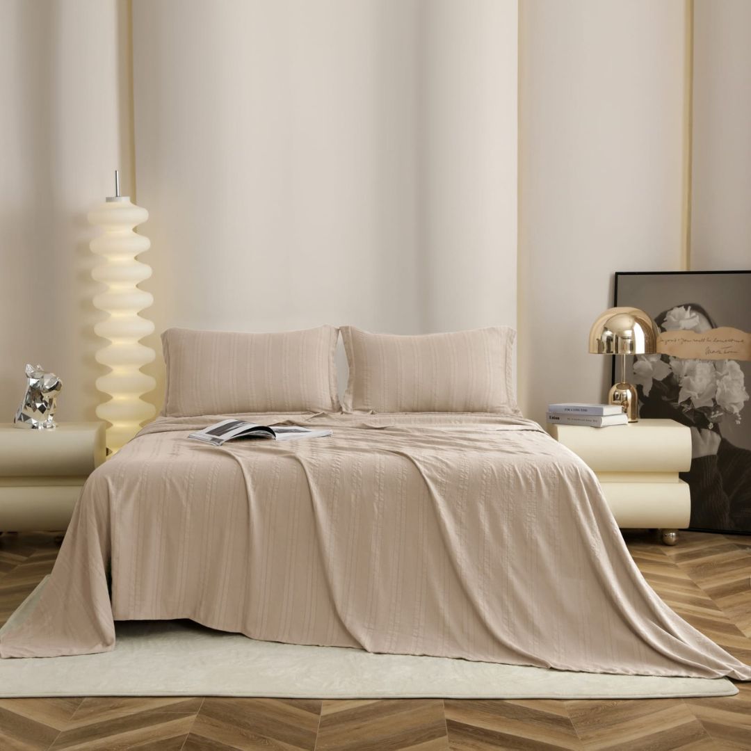 Soft English colors bedding set with 3 premium bedsheets from The Gharnish, featuring comfortable, high-quality fabric.