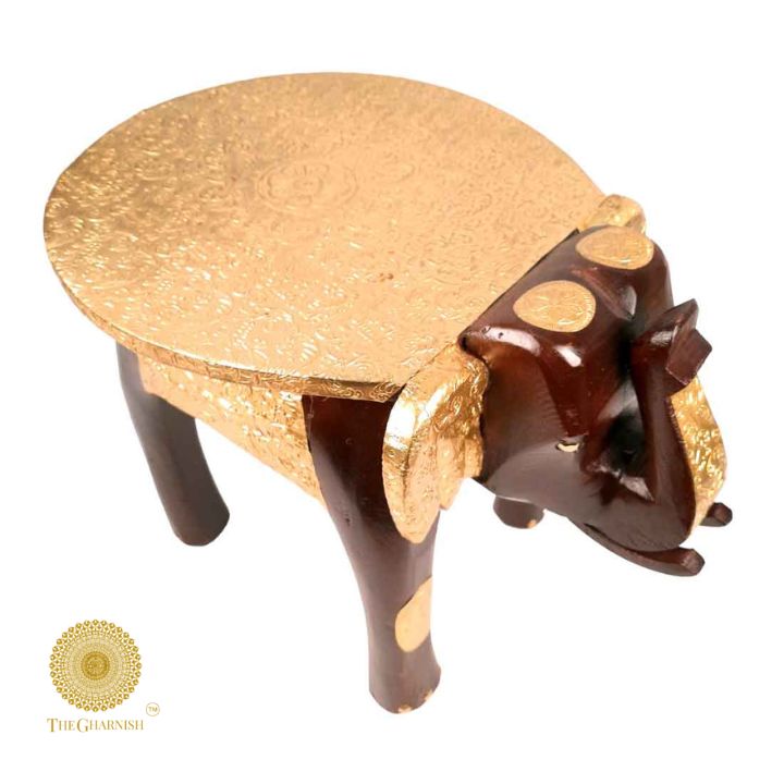 Rajasthani Wooden Elephant Stool With Brass Plating