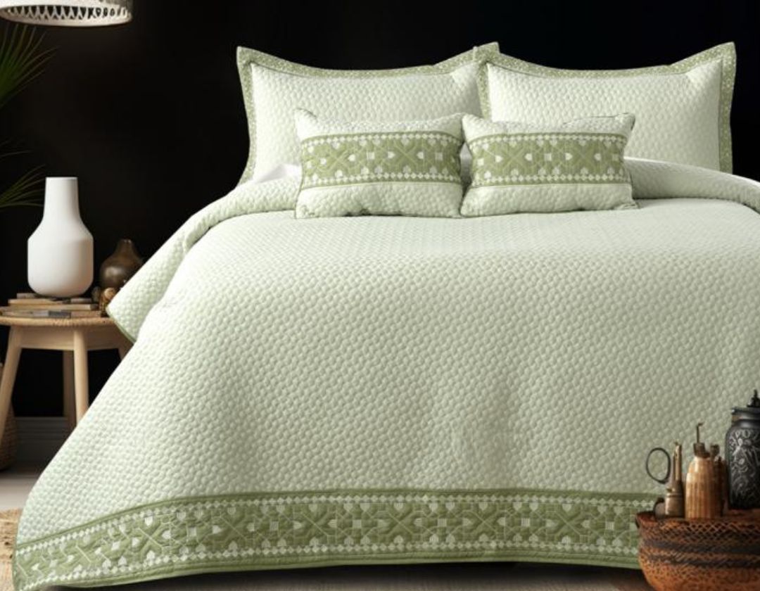 Luxury quilted embroidered bedding set with five pieces, featuring intricate patterns and soft fabric from The Gharnish.