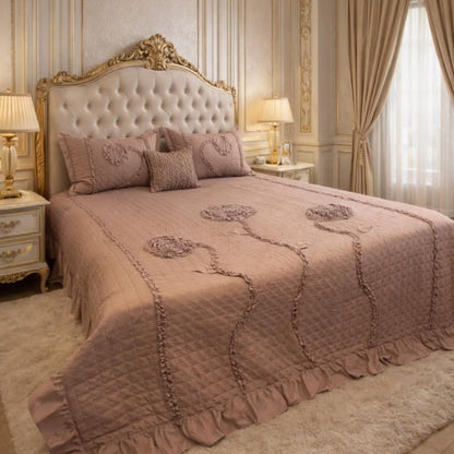 Ivory leaf handwork super designer king-size quilted bedcover from The Gharnish, featuring intricate leaf embroidery and plush bedding style.