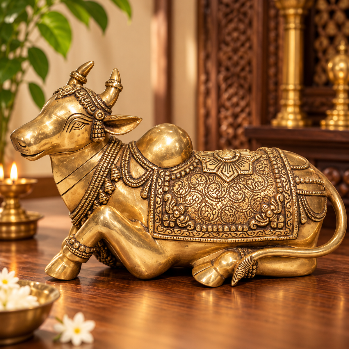 Handcrafted brass Nandi idol for home temple, 14-inch antique statue, traditional brass pooja item with intricate detailing