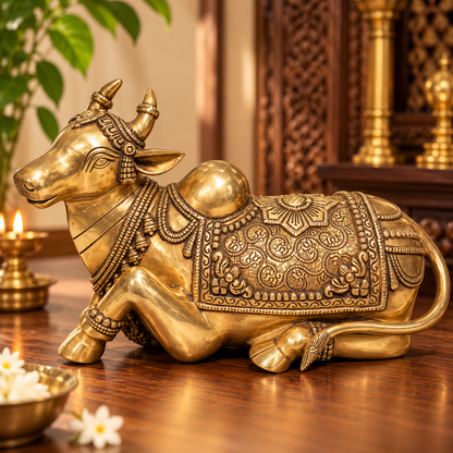 Handcrafted brass Nandi idol for home temple, 14-inch antique statue, traditional brass pooja item with intricate detailing