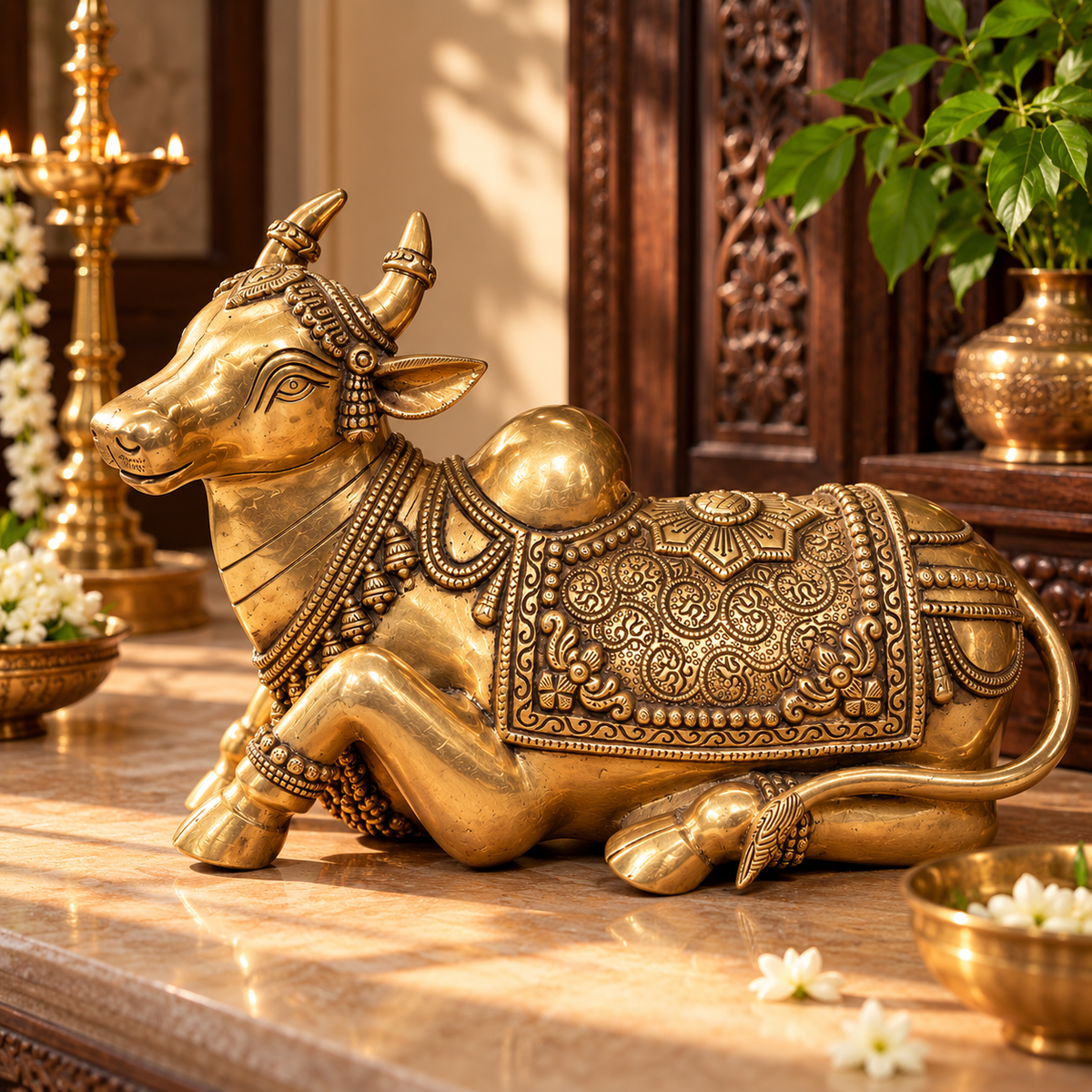 Decorative 14-inch handcrafted brass Nandi idol for home temple, featuring intricate antique design, part of brass pooja items collection