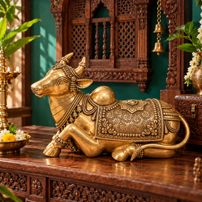 Decorative 14-inch handcrafted brass Nandi idol for home temple, antique-style brass pooja item with intricate detailing.