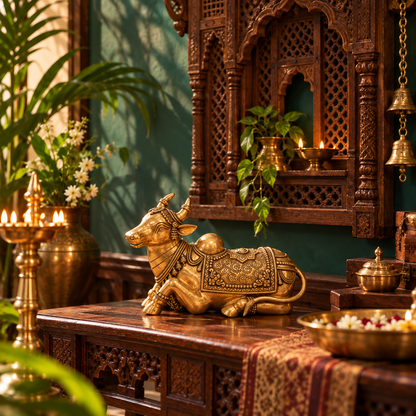 Golden brass Nandi idol for home temple, handcrafted 14-inch antique statue, traditional brass pooja item, decorative Hindu worship symbol.