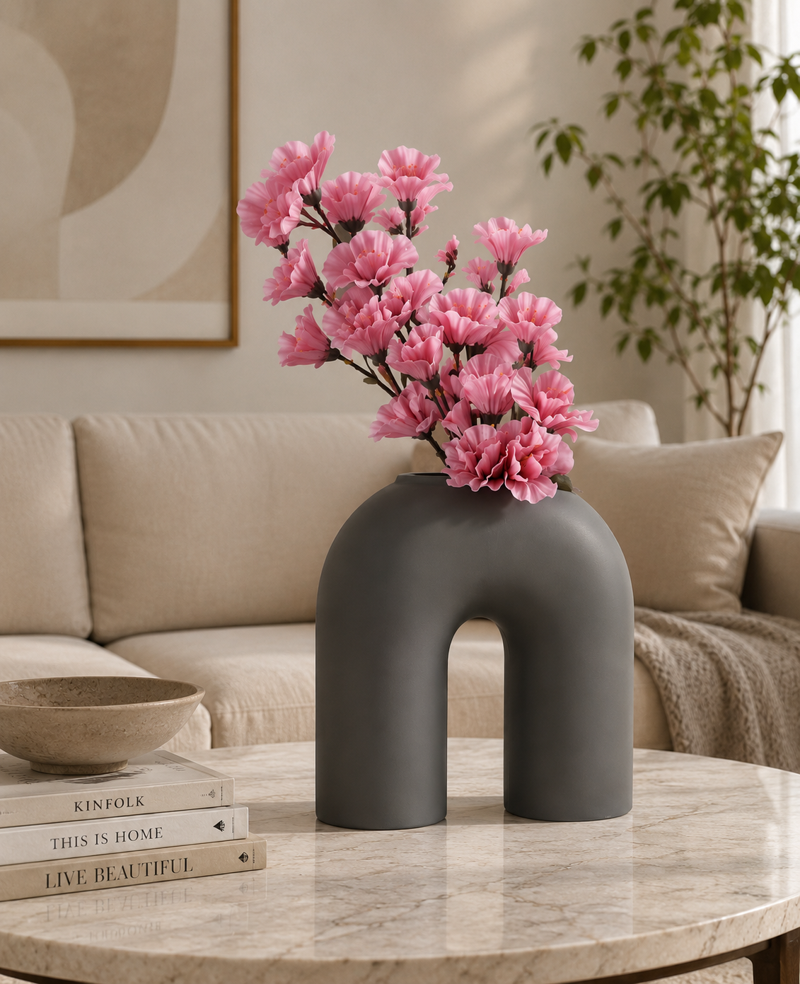 Matte dark gray ceramic arch-shaped flower vase by TheGharnish, minimalist modern design, ideal for home decor.