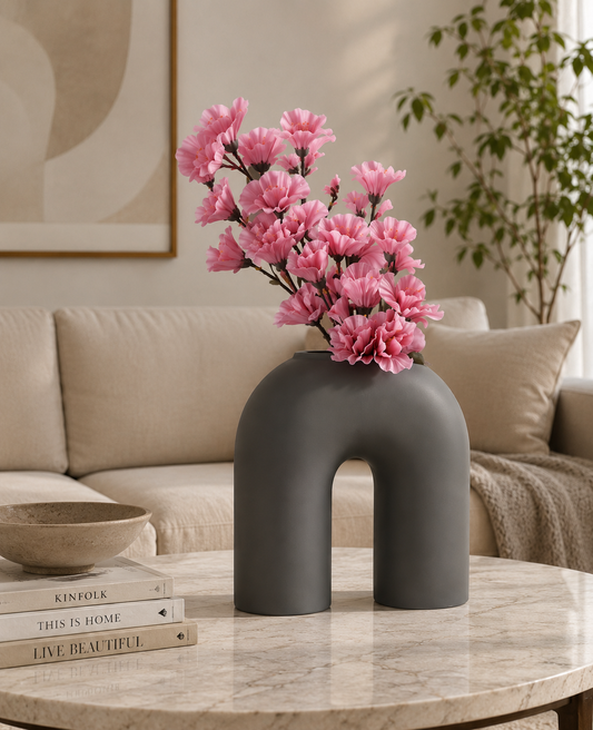 Matte dark gray ceramic arch-shaped flower vase by TheGharnish, minimalist modern design, ideal for home decor.