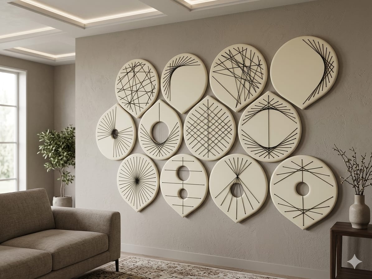 A set of 12 circular wall art panels with black geometric line patterns, arranged in a grid on a beige wall in a modern living room setting.