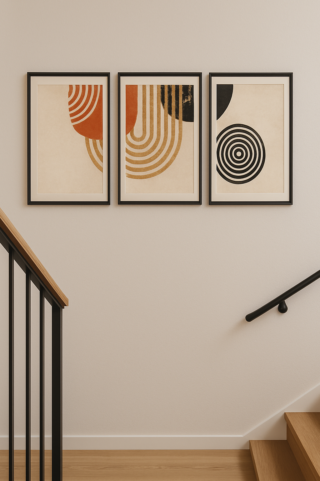 Three abstract art prints on a wall above a staircase