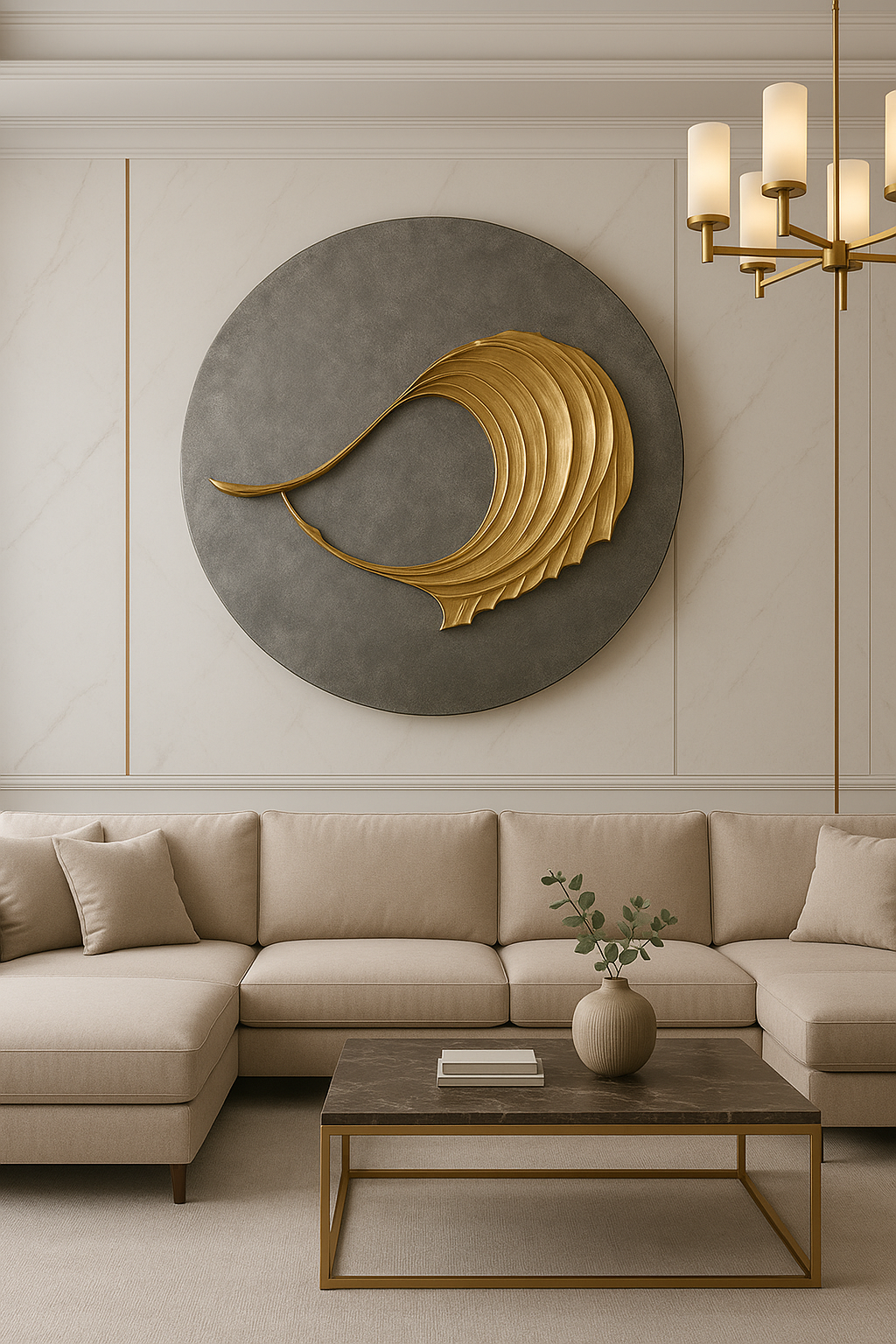 Modern living room with beige sectional sofa, gold coffee table, and decorative wall art.