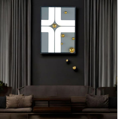 Modern living room with a decorative Wall Art  on a dark wall, brown sofa, and gray curtains.