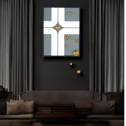 Modern living room with a decorative Wall Art  on a dark wall, brown sofa, and gray curtains.
