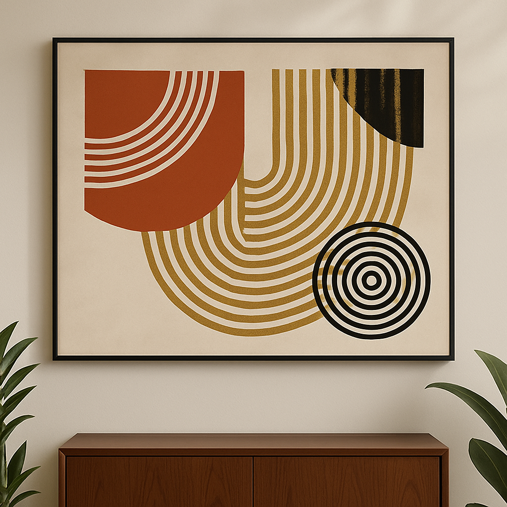 Abstract art print with geometric shapes on a beige wall above a wooden cabinet.