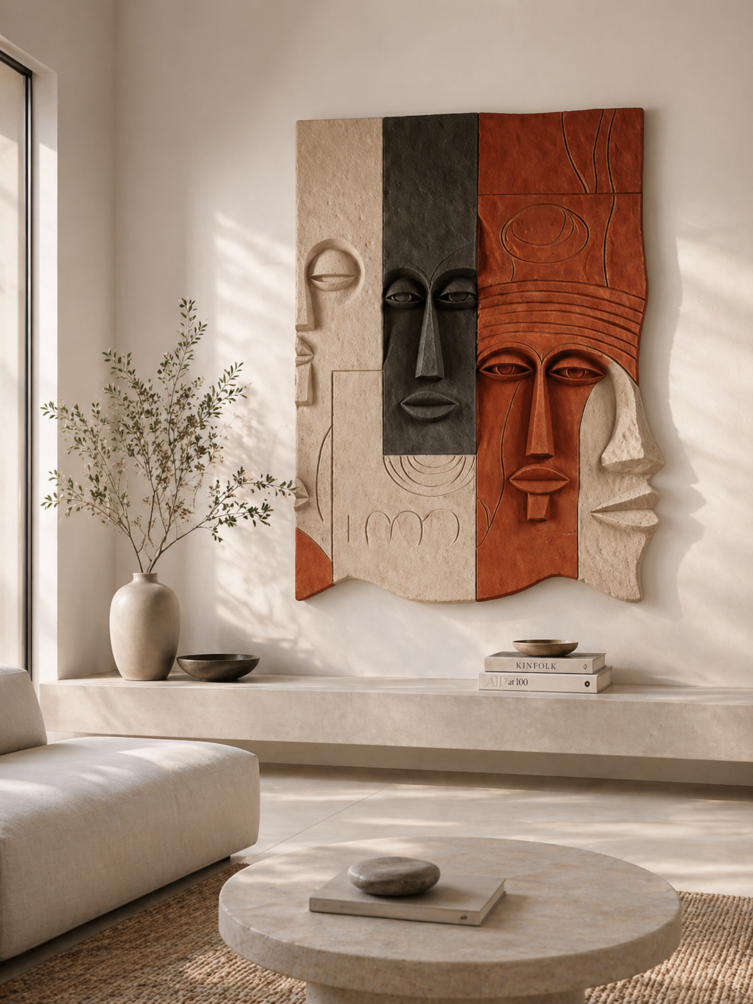Abstract wooden wall art sculpture by The Gharnish, modern Essence of Faces wall decor for contemporary living room.