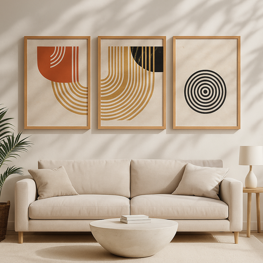 Beige sofa in a living room with abstract art on the wall