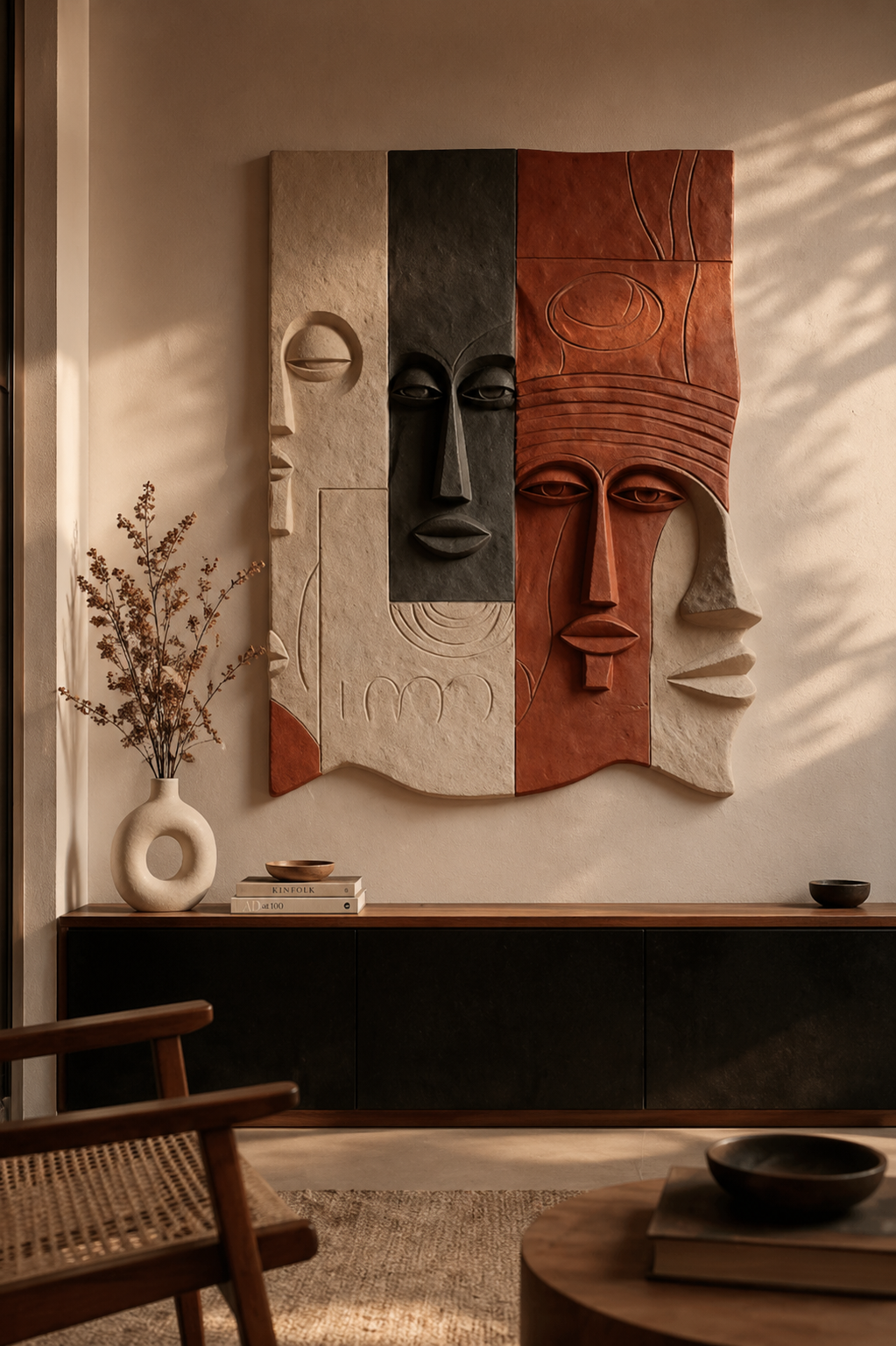 Abstract wooden wall art sculpture featuring faces, designed by The Gharnish for stylish home decor.