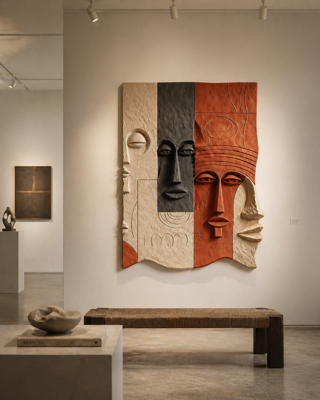 Abstract wooden wall sculpture by The Gharnish, Essence of Faces wall art featuring intricate carved face designs on a natural wood surface.