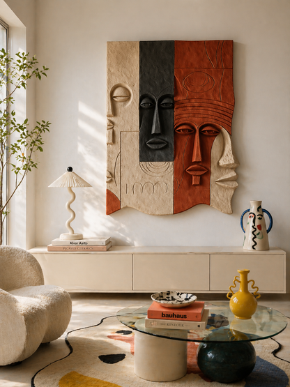 Abstract wooden wall sculpture by The Gharnish, featuring intricate carved face designs for modern wall decor.