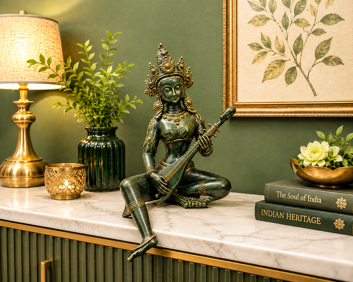 Antique brass Tara Devi statue, handcrafted goddess idol for spiritual protection and decor, part of brass pooja items.