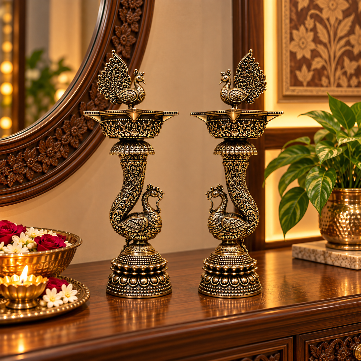 Pair of antique brass peacock diya lamps, handcrafted traditional oil lamps for puja and decorative use.