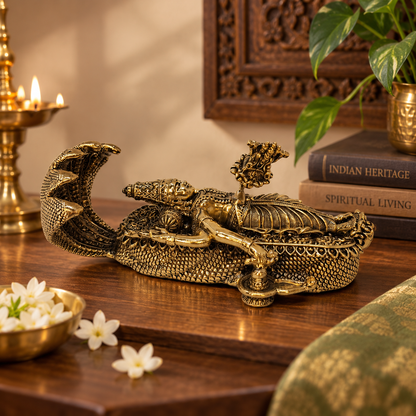 Antique brass Reclining Lord Vishnu idol on Sheshnag, traditional Hindu Vishnu brass pooja item with intricate details.
