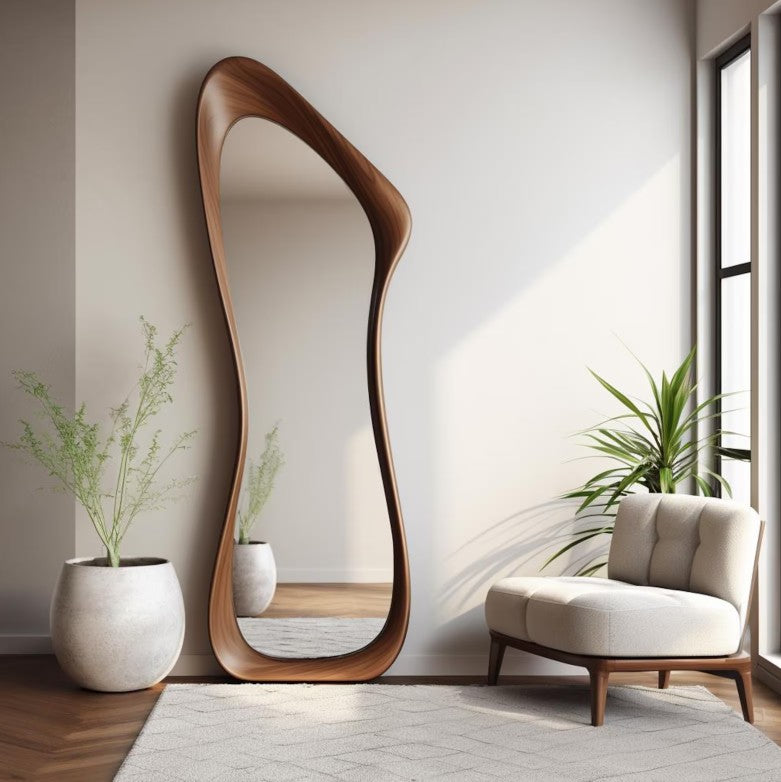 Asymmetrical mirrors not only add a modern touch to the living room, bedroom, dining room, hallway, kitchen and bathroom walls of your home, but also tell a story from nature. Each asymmetrical mirror has a unique design that reflects the unique texture and character of natural wood.