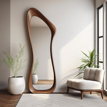 Asymmetrical mirrors not only add a modern touch to the living room, bedroom, dining room, hallway, kitchen and bathroom walls of your home, but also tell a story from nature. Each asymmetrical mirror has a unique design that reflects the unique texture and character of natural wood.