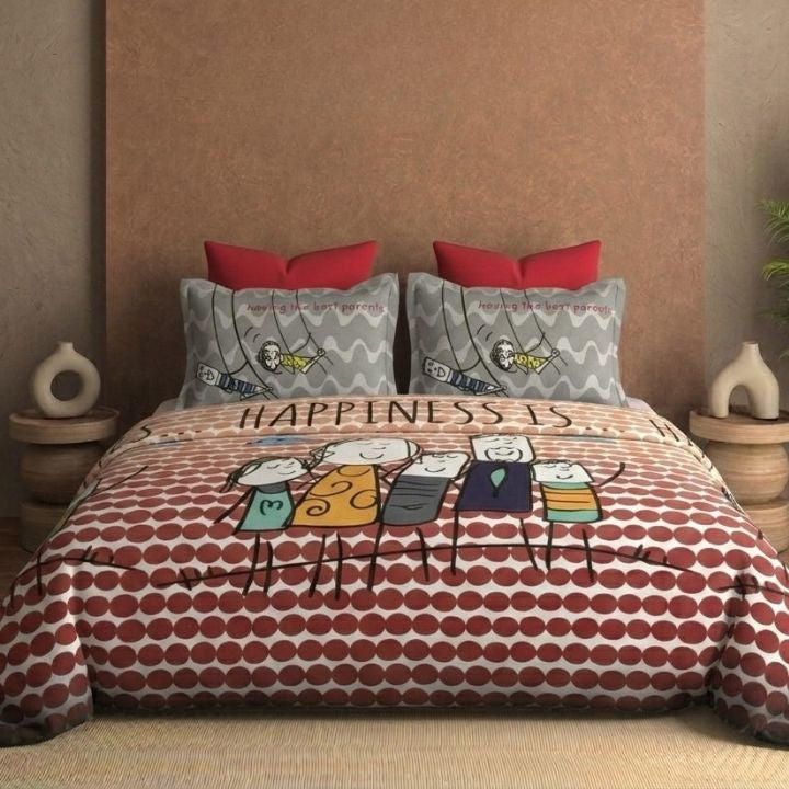 Bed with cartoon-themed bedding and pillows in a bedroom setting